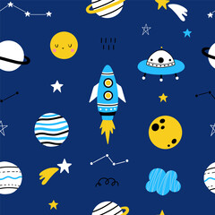 Seamless pattern with cute space, planets, stars, ufo, constellations, rockets, saturn on dark blue background. Creative kids texture for fabric, prints, wallpaper, decorations, textiles.