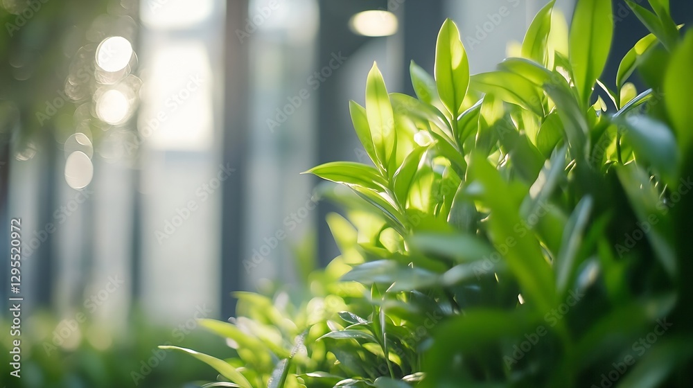Aufkleber lush green foliage with soft sunlight filtering through leaves in a tranquil outdoor setting : gener