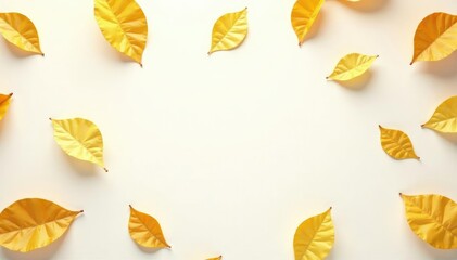Obraz premium Golden leaves scattered on a white background with a subtle gradient effect, gold, background