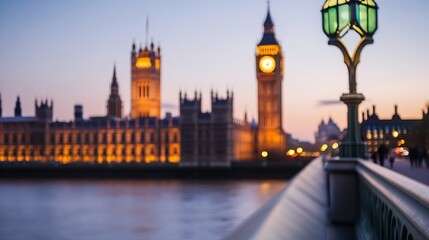 Obraz premium Blurred Image of Big Ben and the Houses of Parliament with Creative Lighting at Dusk : Generative AI