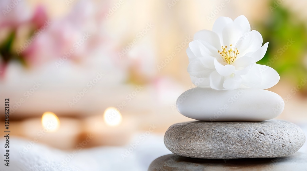 Poster elegant white flower on stack of smooth stones with candles : generative ai