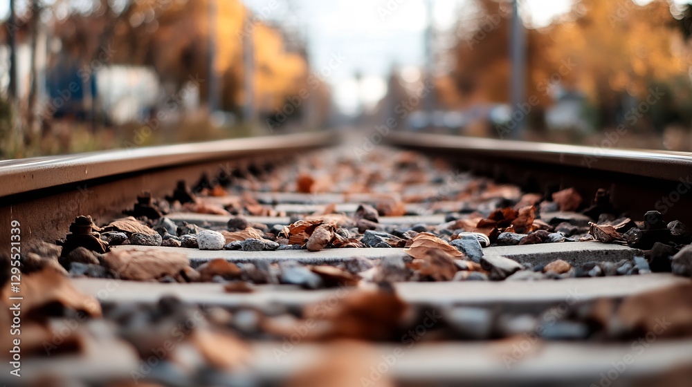 Poster Closeup view of railway tracks lined with autumn leaves creating a serene fall ambiance : Generative AI