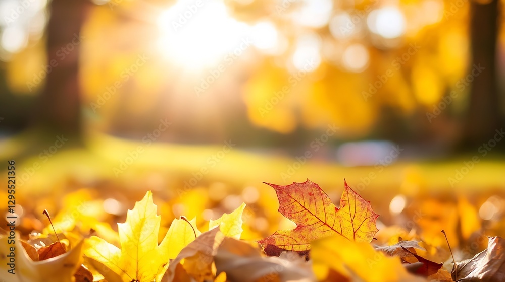 Poster close up of autumn leaves with soft light and warm tones creating a cozy and inviting atmosphere : g