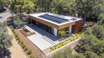 Modern house with solar panels blending into natural landscape