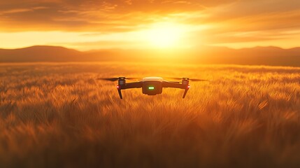Drone Over Wheat Field at Sunset, A drone flying over a golden wheat field during sunset