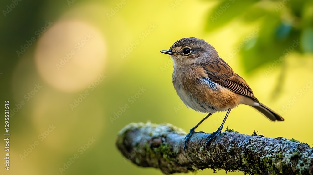 Aufkleber beautiful closeup of a small bird perched on a mossy branch set against a blurred green background :