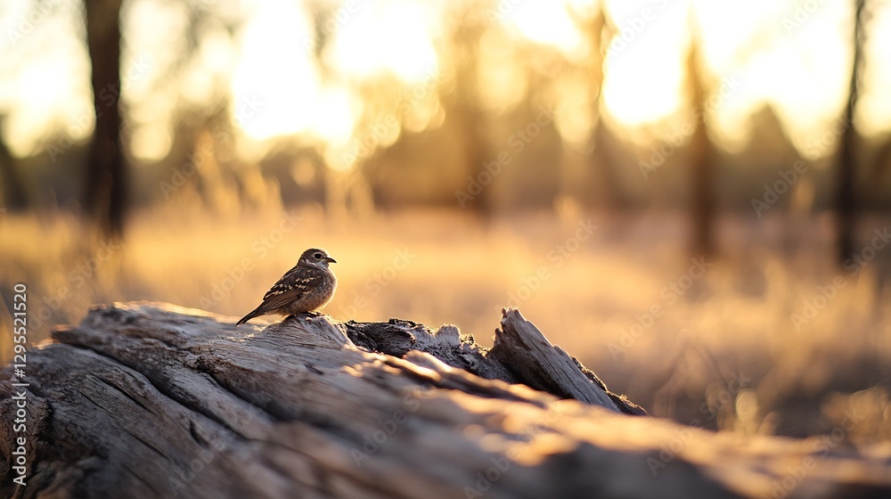 Aufkleber Capture of a small bird perched on a log during golden hour in a tranquil outdoor setting : Generative AI