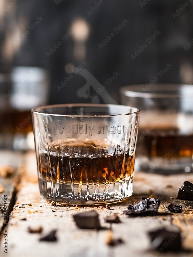 Poster rich brown whiskey poured into a clear glass with chocolate pieces on a rustic wooden table : genera