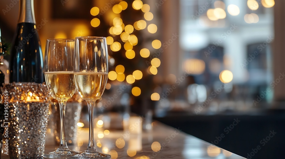 Poster glistening champagne flutes with sparkling bubbles against a festive backdrop : generative ai