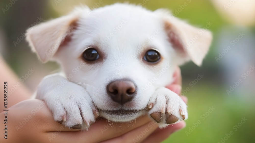 Poster adorable small white puppy with big eyes resting on hands enjoying nature : generative ai