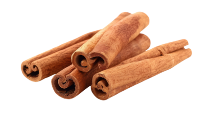 Cinnamon sticks showing curled bark on transparent background
