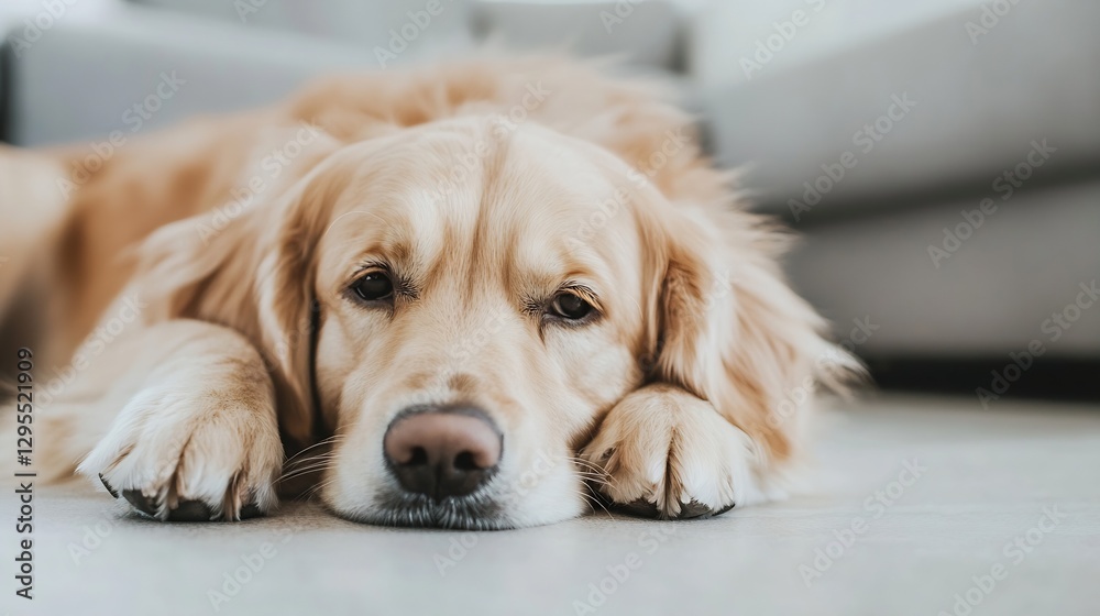 Poster golden retriever dog resting on the floor with a serene expression showcasing cuteness and comfort :