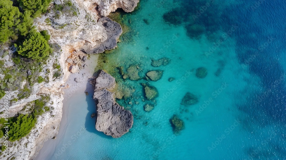Aufkleber aerial view of crystal clear turquoise water and rugged rocks on a secluded beach surrounded by lush