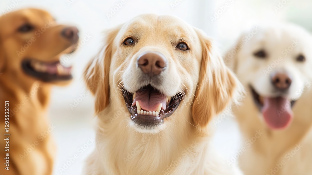 Poster Three Happy Dogs Smiling Together in a Bright Indoor Setting with a Blurred Background : Generative AI