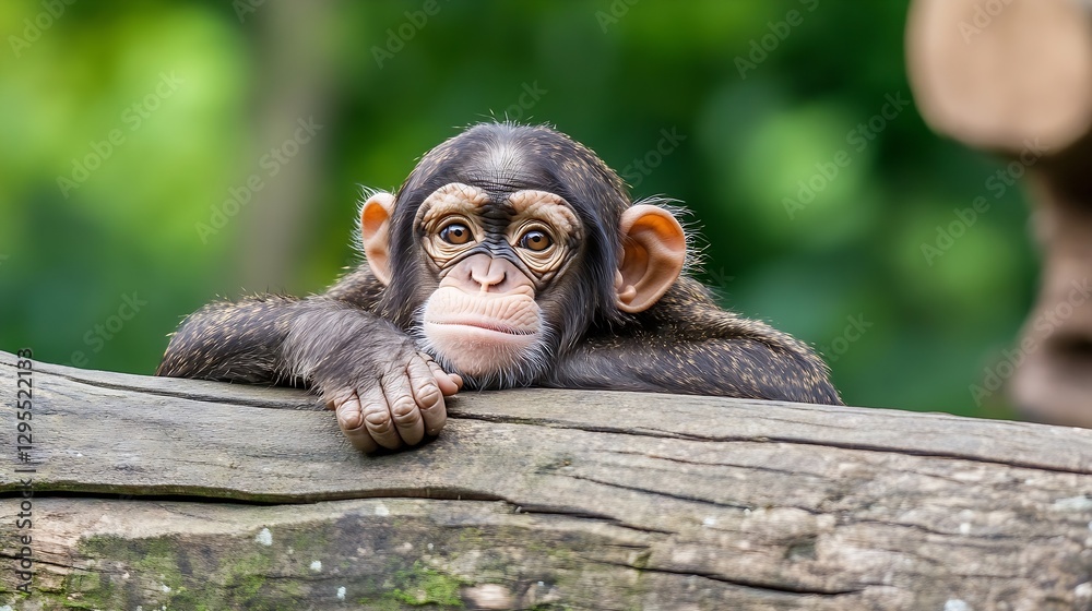 Poster adorable young chimpanzee resting on a tree log in a natural green environment : generative ai