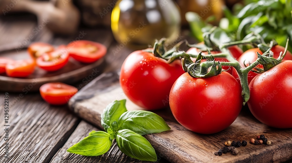 Poster fresh ripe red tomatoes and basil leaves on a rustic wooden table with natural ingredients : generat
