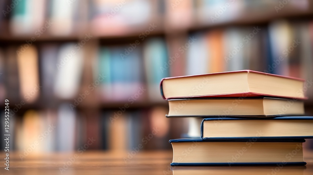 Aufkleber Stack of colorful books on wooden table with blurred bookshelf background : Generative AI