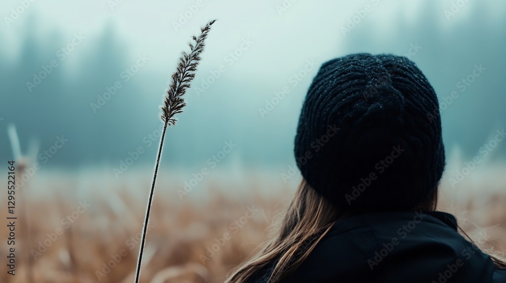 Poster woman in black beanie looking over a foggy field with a reed in hand : generative ai