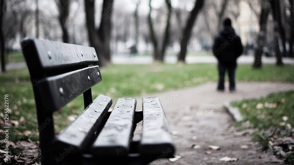 Poster Lonely park bench overlooking a serene pathway in a tranquil natural setting : Generative AI
