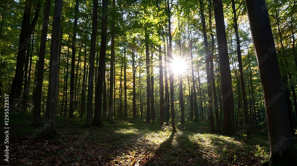 Aufkleber serene sunlight filtering through tall trees creating a peaceful woodland scene in nature : generati