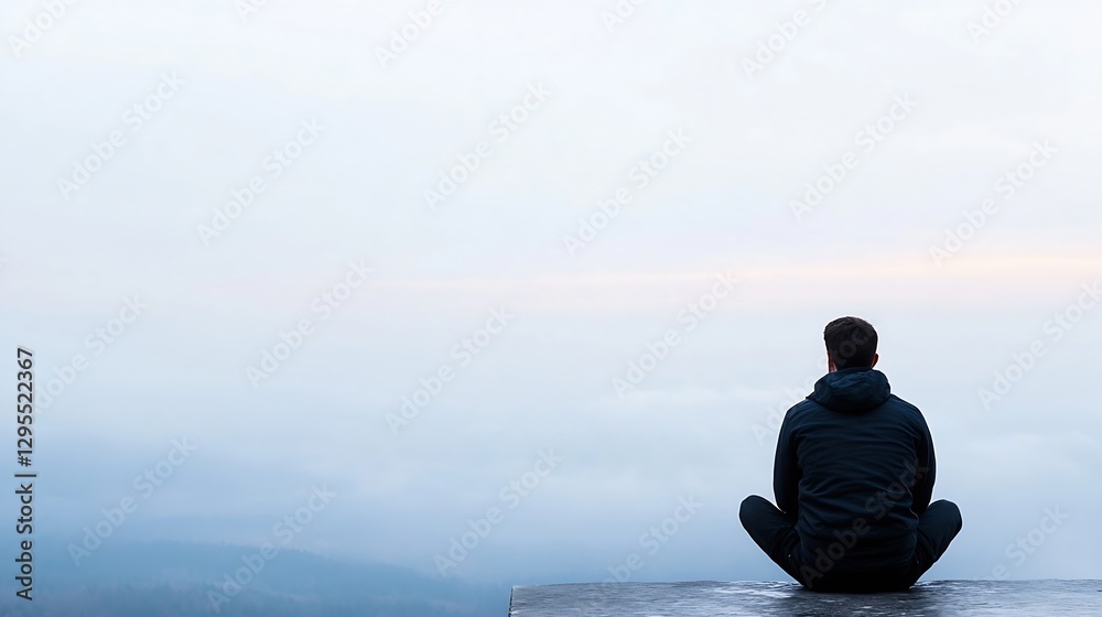 Poster Contemplative man sitting on a ledge overlooking a misty landscape under soft light : Generative AI