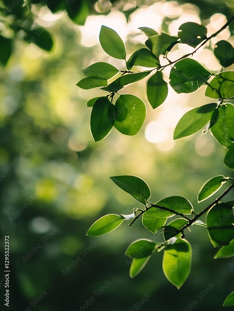 Poster sunlight filtering through vibrant green leaves in a lush forest creating a magical atmosphere : gen