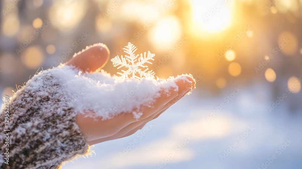 Poster hands holding freshly fallen snowflake in winter with beautiful sunlight glow : generative ai