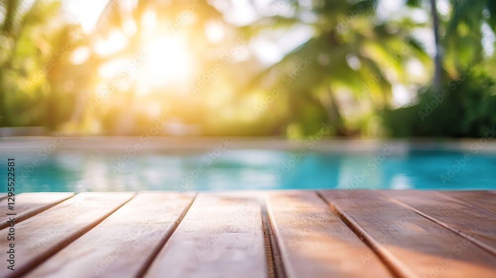 Poster Serene Poolside View with Sunlight Filtering Through Palm Trees at Dawn : Generative AI