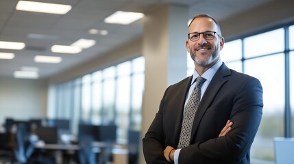 Fototapeta premium Confident Businessman Smiling in Modern Office with Large Windows and Workstations : Generative AI