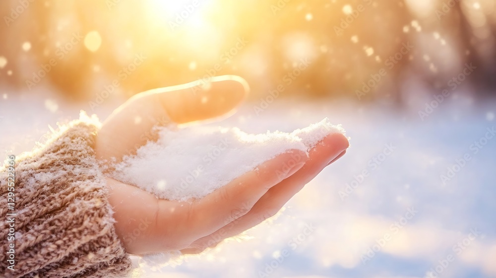 Poster Hand Holding Fresh Snow with Warm Golden Light in Background Creating a Magical Winter Scene : Generative AI