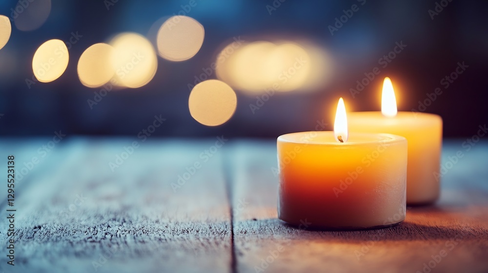 Leinwandbilder two lit candles on a wooden table with soft bokeh background : generative ai