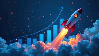 Rocket taking off on a blue chart background with numbers increasing rapidly, analytics, finance, ascent