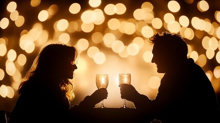 Silhouette of romantic couple toasting wine glasses against bokeh lights.