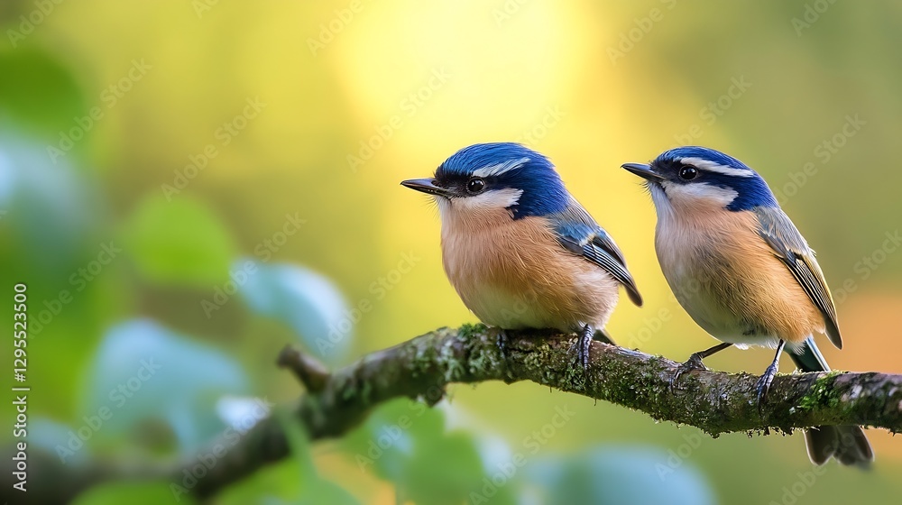 Poster two charming birds perched on a branch amidst a serene natural backdrop : generative ai
