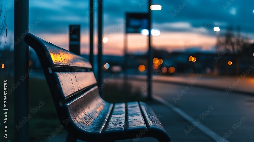 Poster lonely park bench at a bus stop with evening city lights in background : generative ai