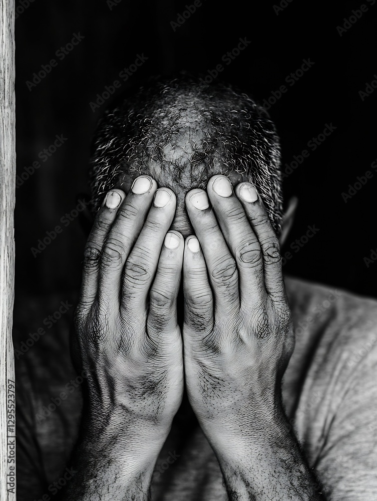 Poster Man hiding his face with hands in a poignant display of vulnerability and emotion against a dark backdrop : Generative AI