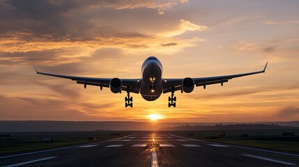 Fototapeta premium Airplane taking off at sunset with a beautiful golden sky creating a stunning travel atmosphere : Generative AI