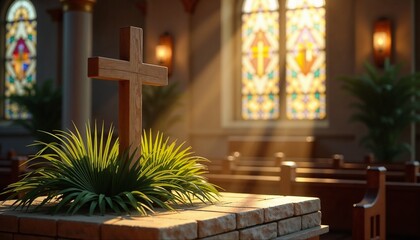 Cinematic church scene featuring a large wooden cross on a stone altar for Palm Sunday