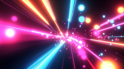 Abstract digital art shows glowing multicolored beams and orbs