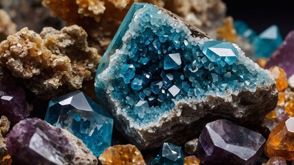 close-up of a natural mineral stone specimen - a druse of semi-precious crystals
