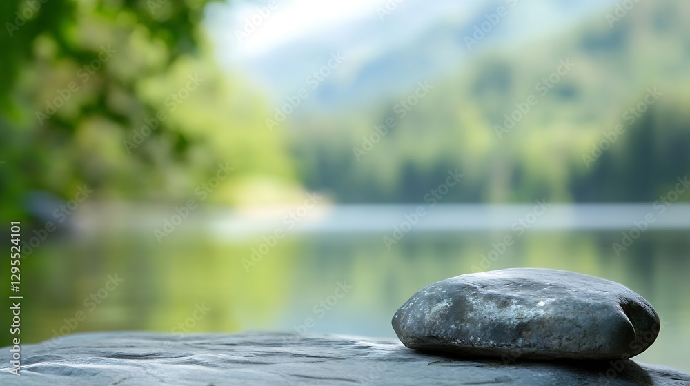 Poster Smooth stone resting on a serene lakeside with lush green forest backdrop : Generative AI