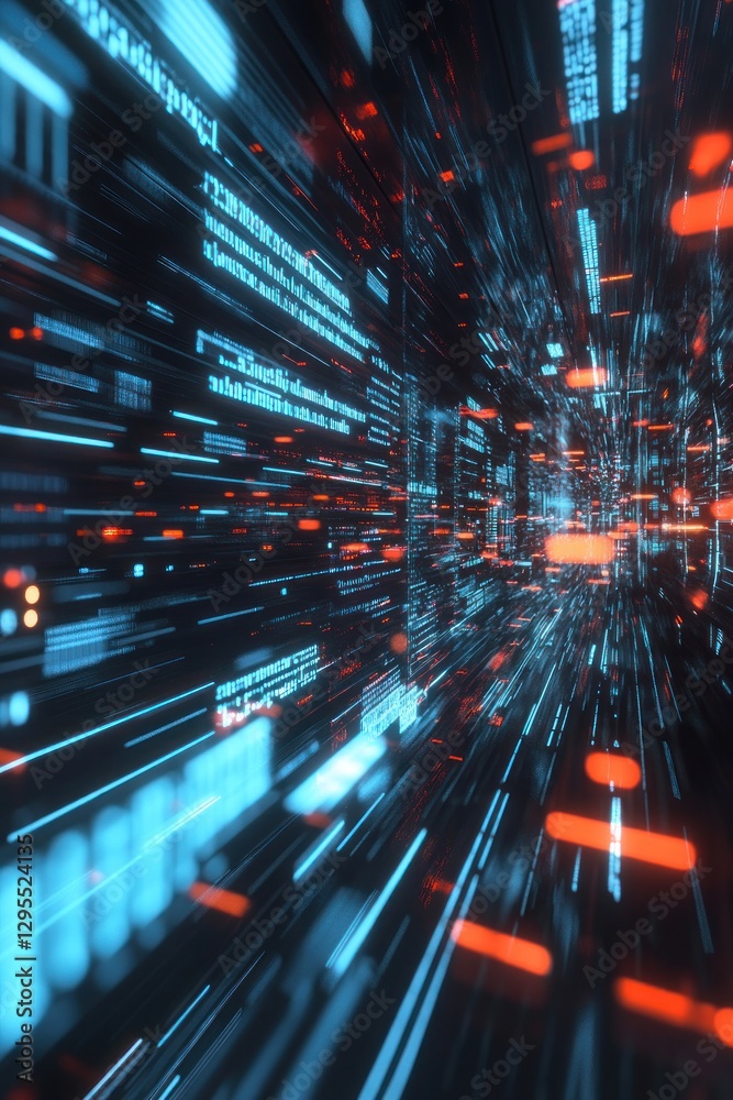Poster abstract digital data stream with glowing lines and particles in a futuristic setting
