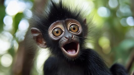 Naklejka premium A wide eyed black furred monkey with mouth open wide
