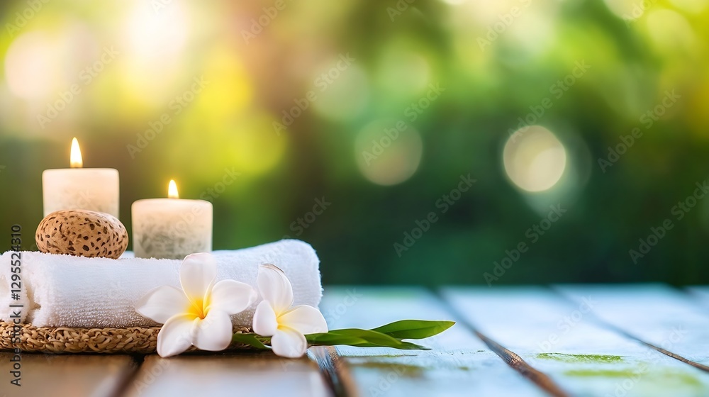 Aufkleber relaxing spa setup with candles and towels on wooden table surrounded by greenery : generative ai