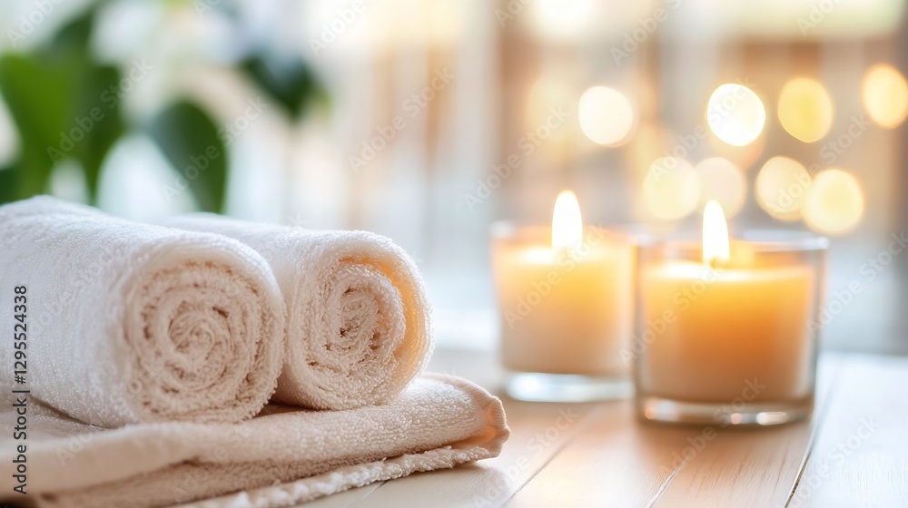 Poster Elegant spa setting with rolled towels candles and soft golden bokeh background for relaxation : Generative AI