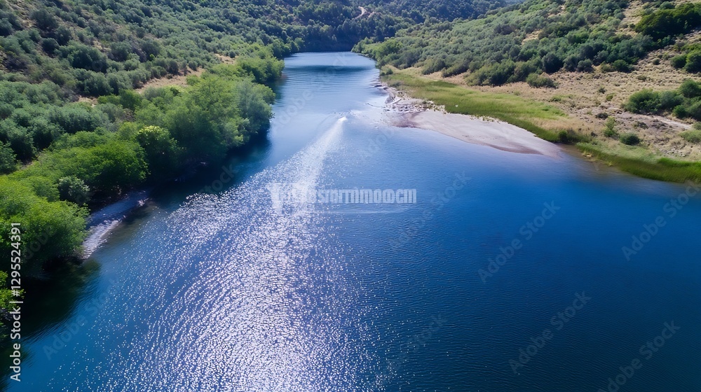 Aufkleber serene lakeside view with calm waters and lush green surroundings in nature : generative ai
