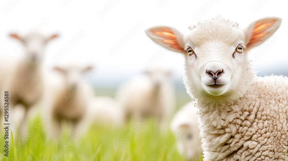 Poster Adorable close up of a sheep with soft wool in a lush green meadow on a clear day : Generative AI