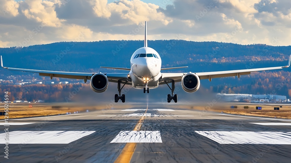 Poster airplane landing on a busy airport runway surrounded by scenic mountains : generative ai