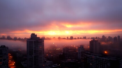 Fototapeta premium Stunning City Sunset with Fog Rolling In Highlighting Urban Landscape at Dusk : Generative AI