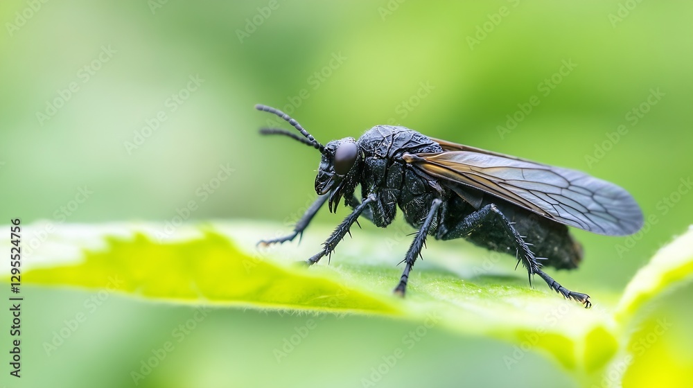 Poster close up of black insect on leaf in lush green environment : generative ai